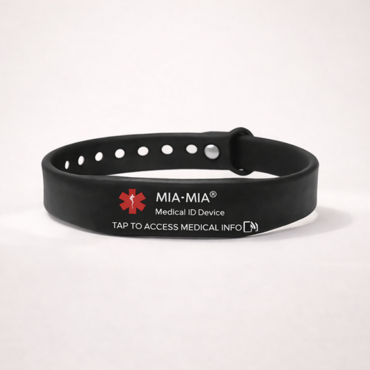 Black medical ID wristband with MIA-MIA branding on a white background