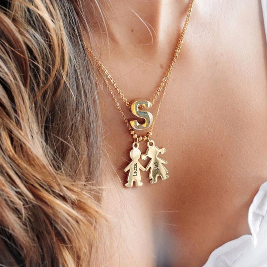 Mom Initial & Children Charm Necklace Set