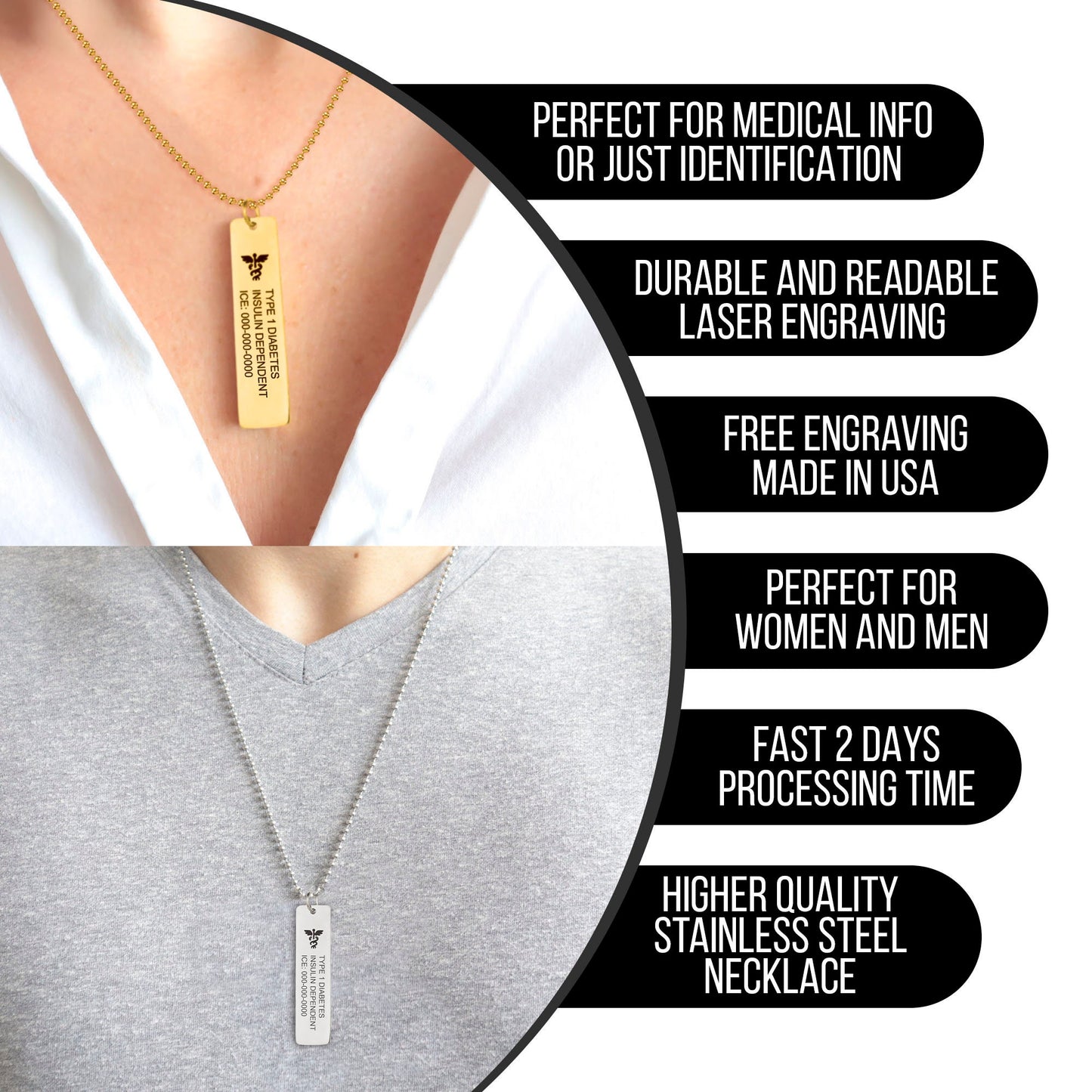 Medical ID vertical necklace for men & women