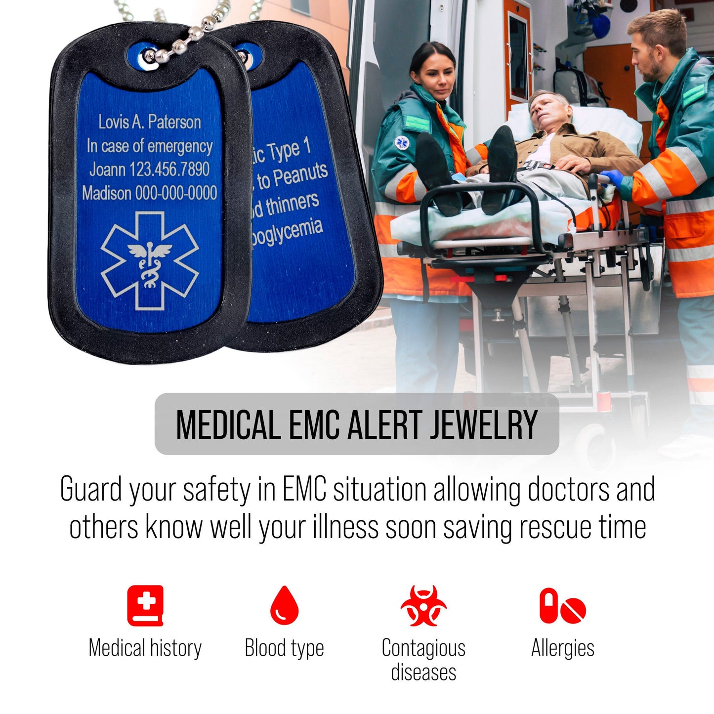 Medical ID Tag Necklace for Men & Women
