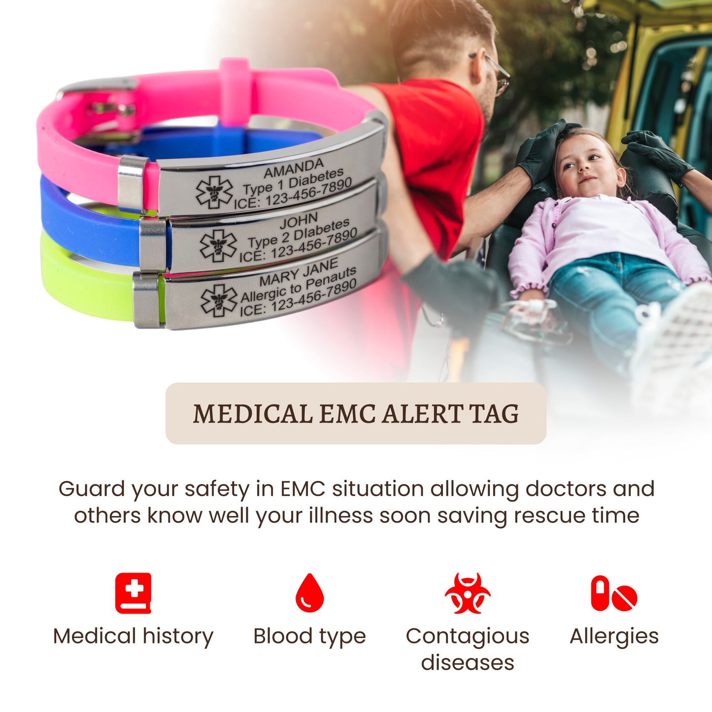 Custom Engraved Kids Emergency Bracelet