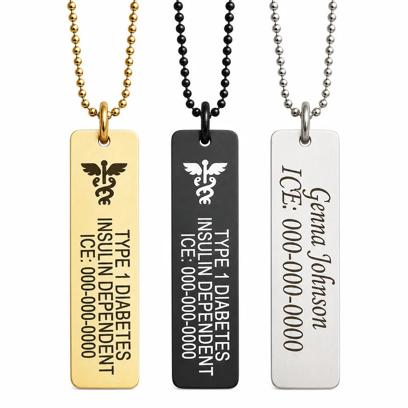 Bar necklaces engraved with the medical symbol and Type 1 Diabetes