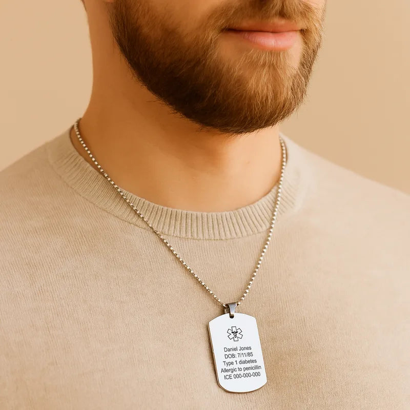 Man wearing a medical ID dog tag necklace