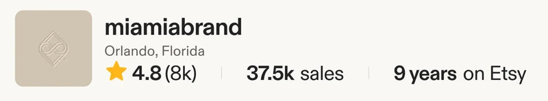MIA•MIA Etsy shop: 37.5k sales, 4.8 stars from 8k reviews