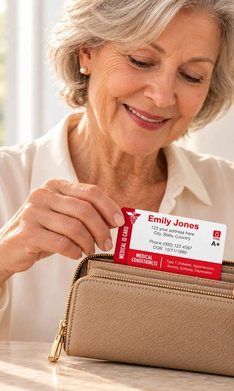 Older woman holding a medical wallet card