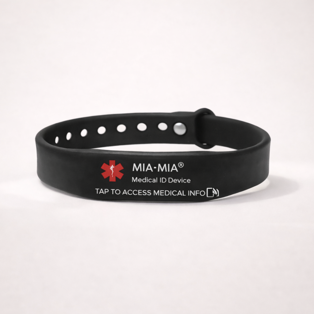 Black medical ID wristband with MIA-MIA branding on a white background