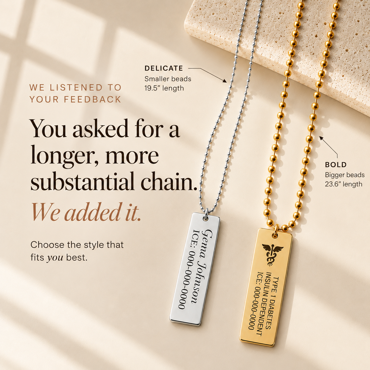 Unisex Vertical Medical ID Necklace
