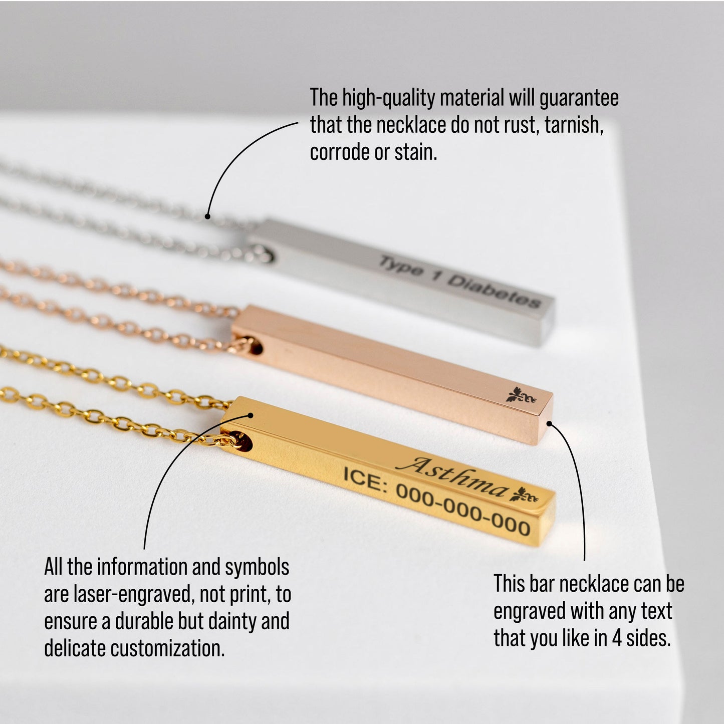 Custom engraved 4sides vertical bar necklace