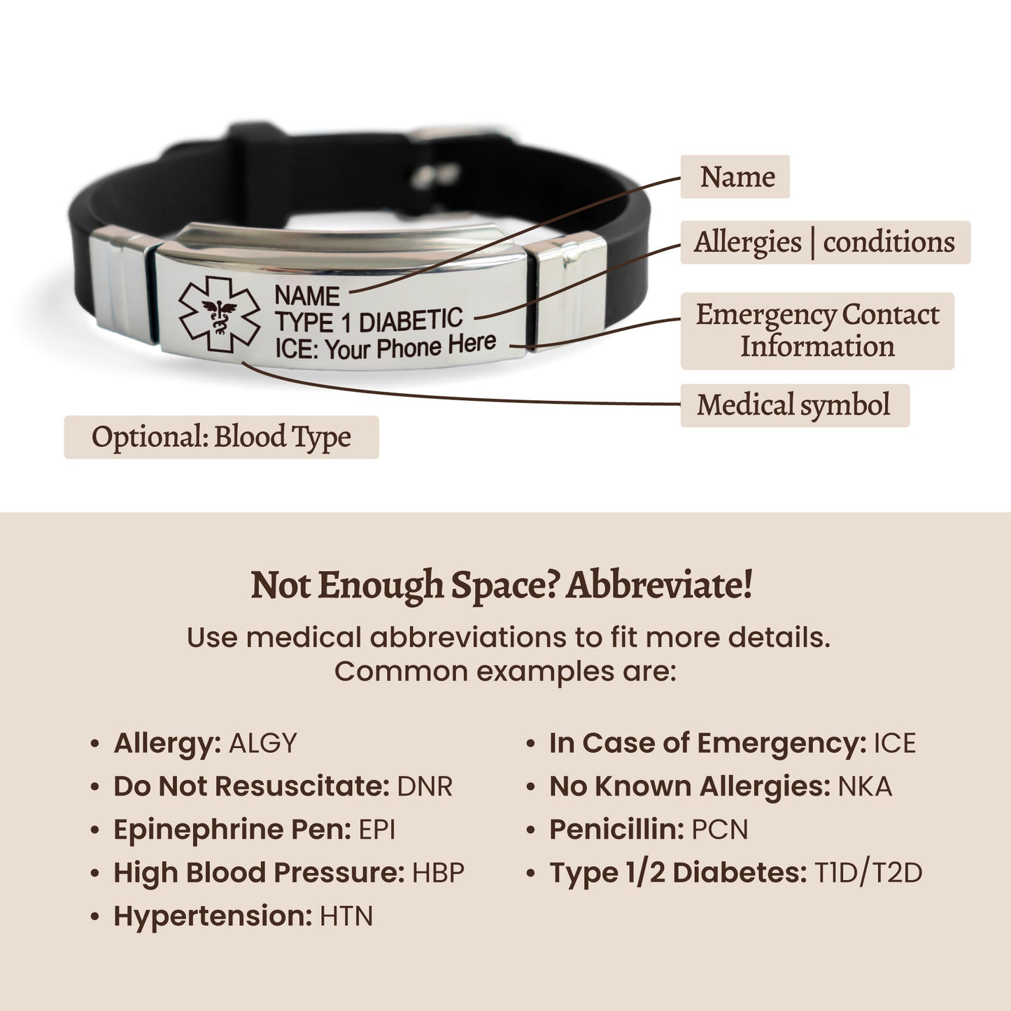Emergency Silicone & Stainless Steel Unisex Medical Alert ID bracelet