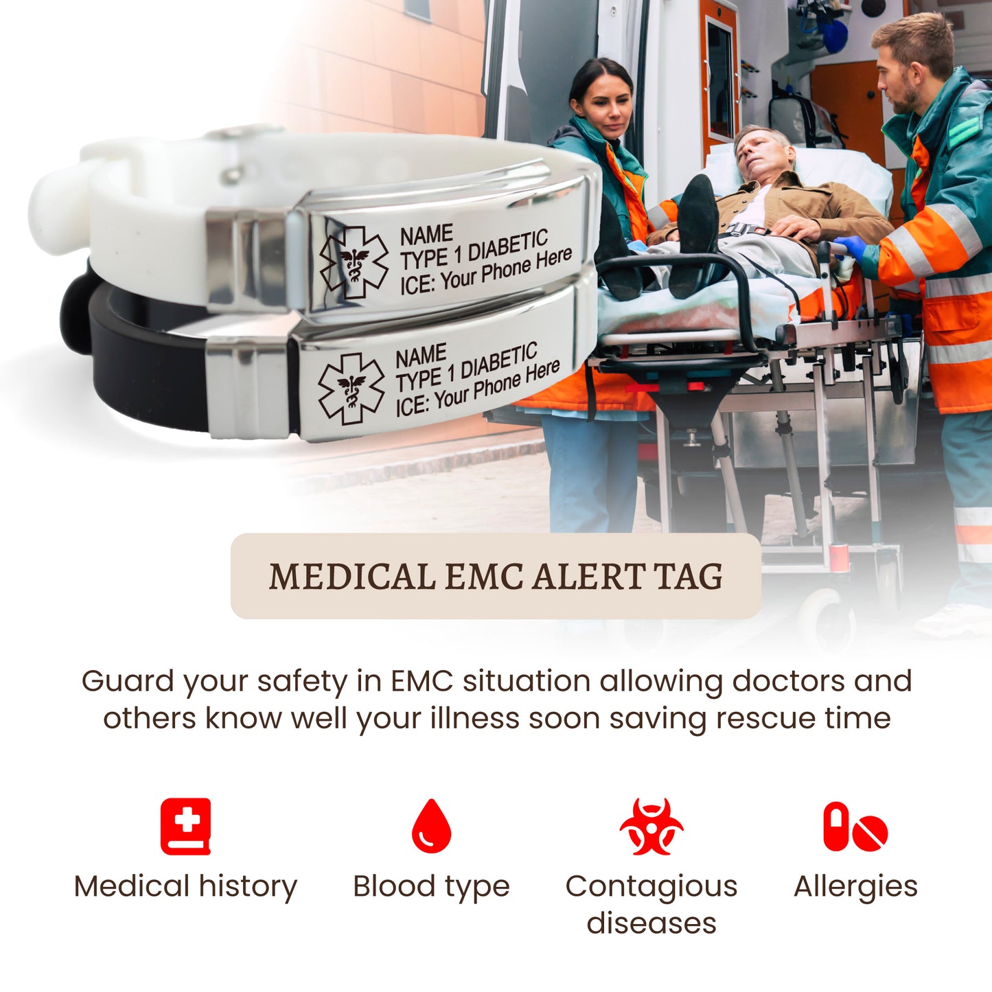 Emergency Silicone & Stainless Steel Unisex Medical Alert ID bracelet
