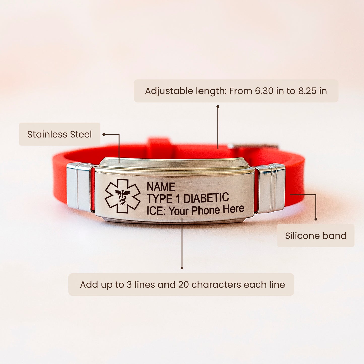 Emergency Silicone & Stainless Steel Unisex Medical Alert ID bracelet