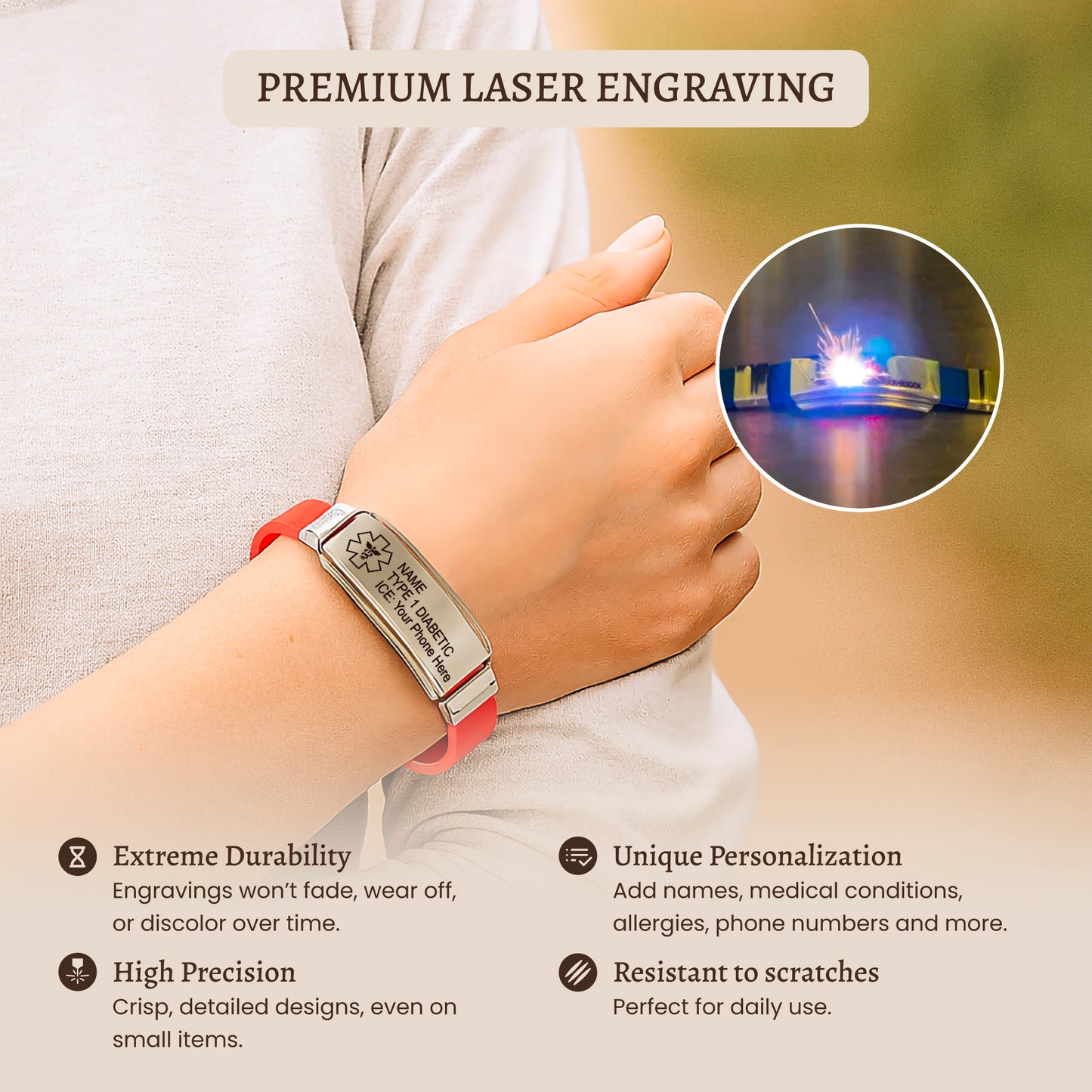 Emergency Silicone & Stainless Steel Unisex Medical Alert ID bracelet