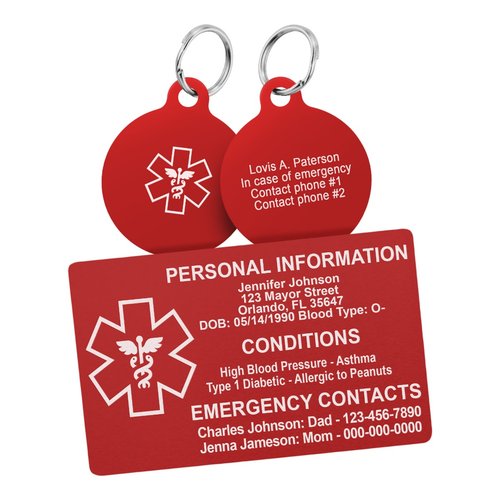 Red aluminum medical wallet card and keychain