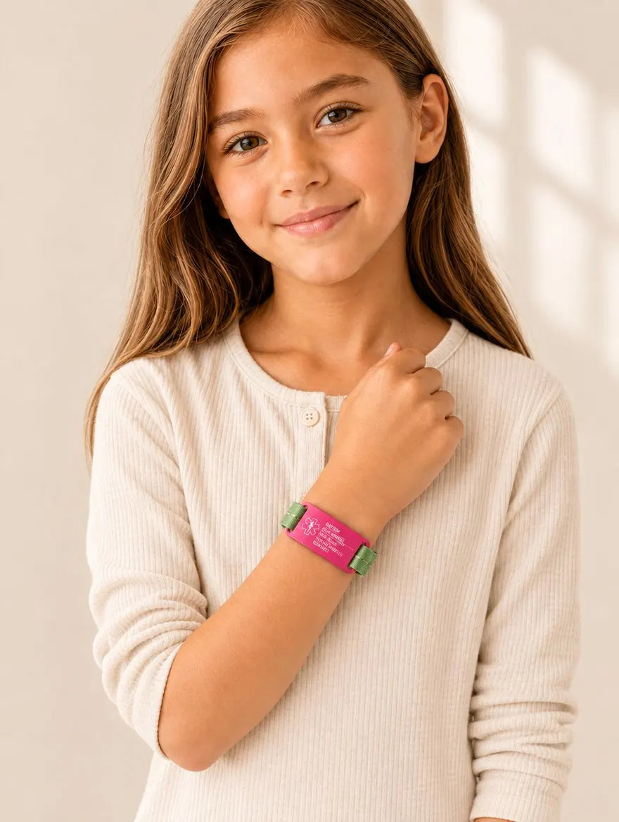 Girl showing her pink medical ID bracelet