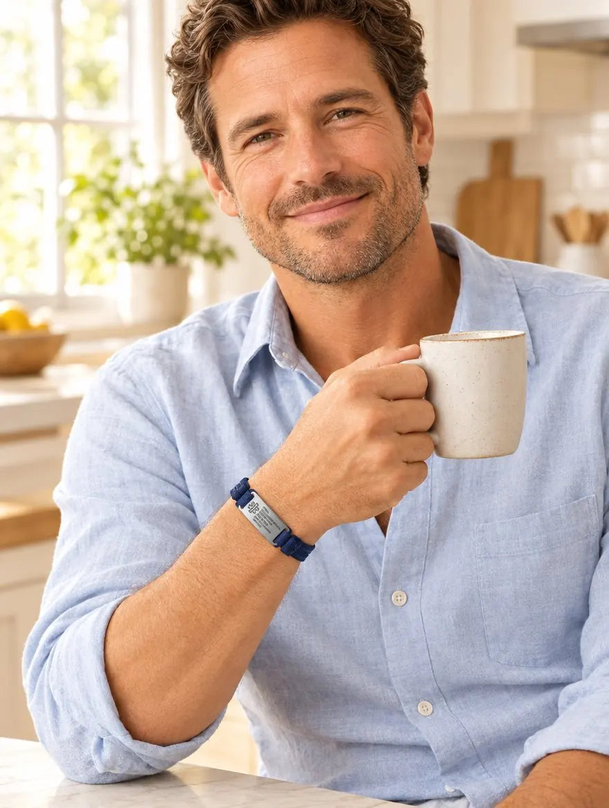 Man wearing a navy medical ID bracelet in his kitchen